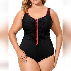 DELIMIRA BLACK & ORANGE RUCHED ZIPPER FRONT ONE PIECE SWIMSUIT SIZE 14 PLUS NWT